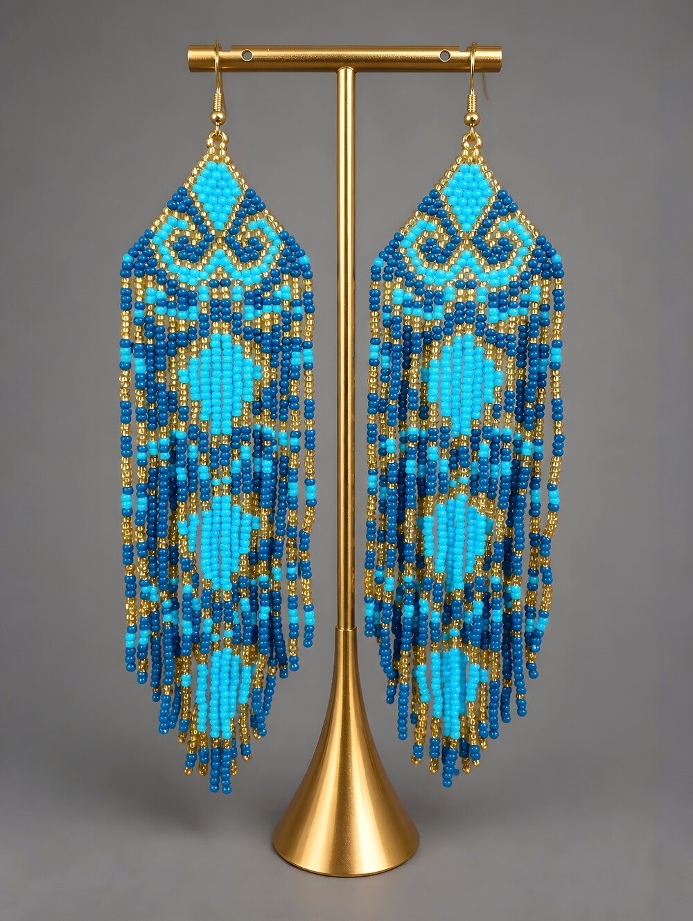 Reign Boho Fringe Beaded Earrings Handmade Coastal Seed Bead Jewelry - Blue Gold